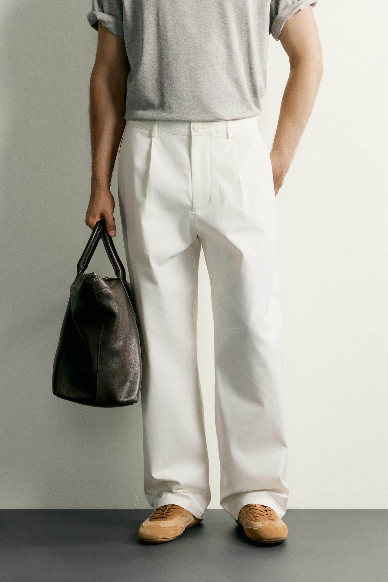 STRAIGHT FIT PLEATED PANTS — Oyster-white