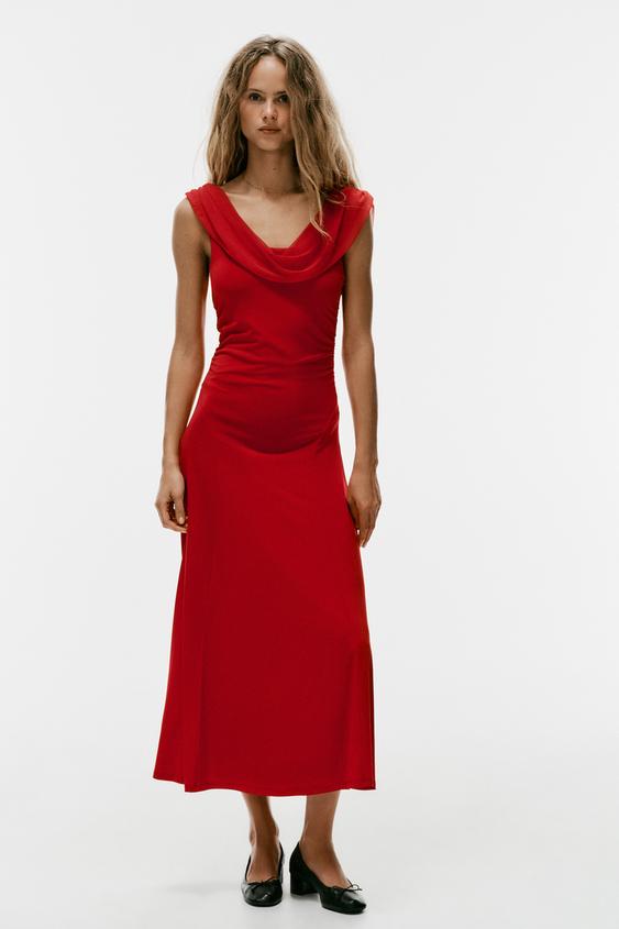 DRAPED MESH MIDI DRESS - Dark red by Zara - Image 0