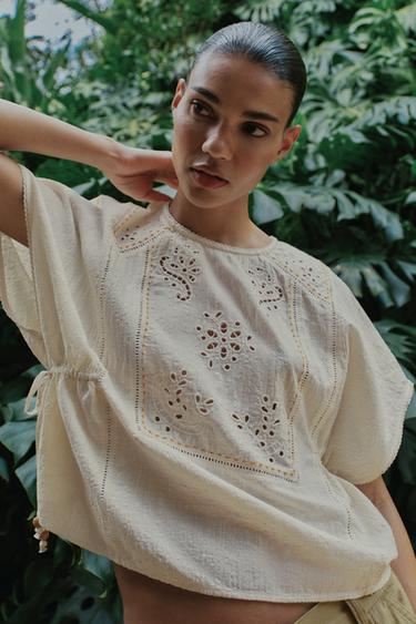 EMBROIDERED TOP WITH SIDE TIES - Ecru by Zara