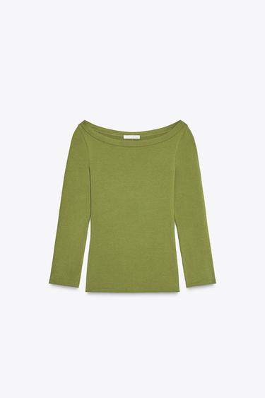 Zara 船領 T 恤 - 黃綠色
