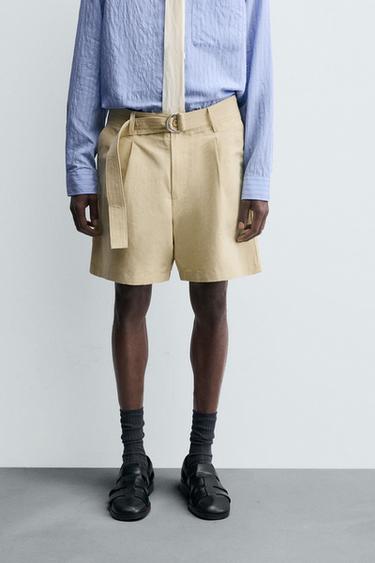 Zara COTTON LINEN BELTED SHORTS - Butter