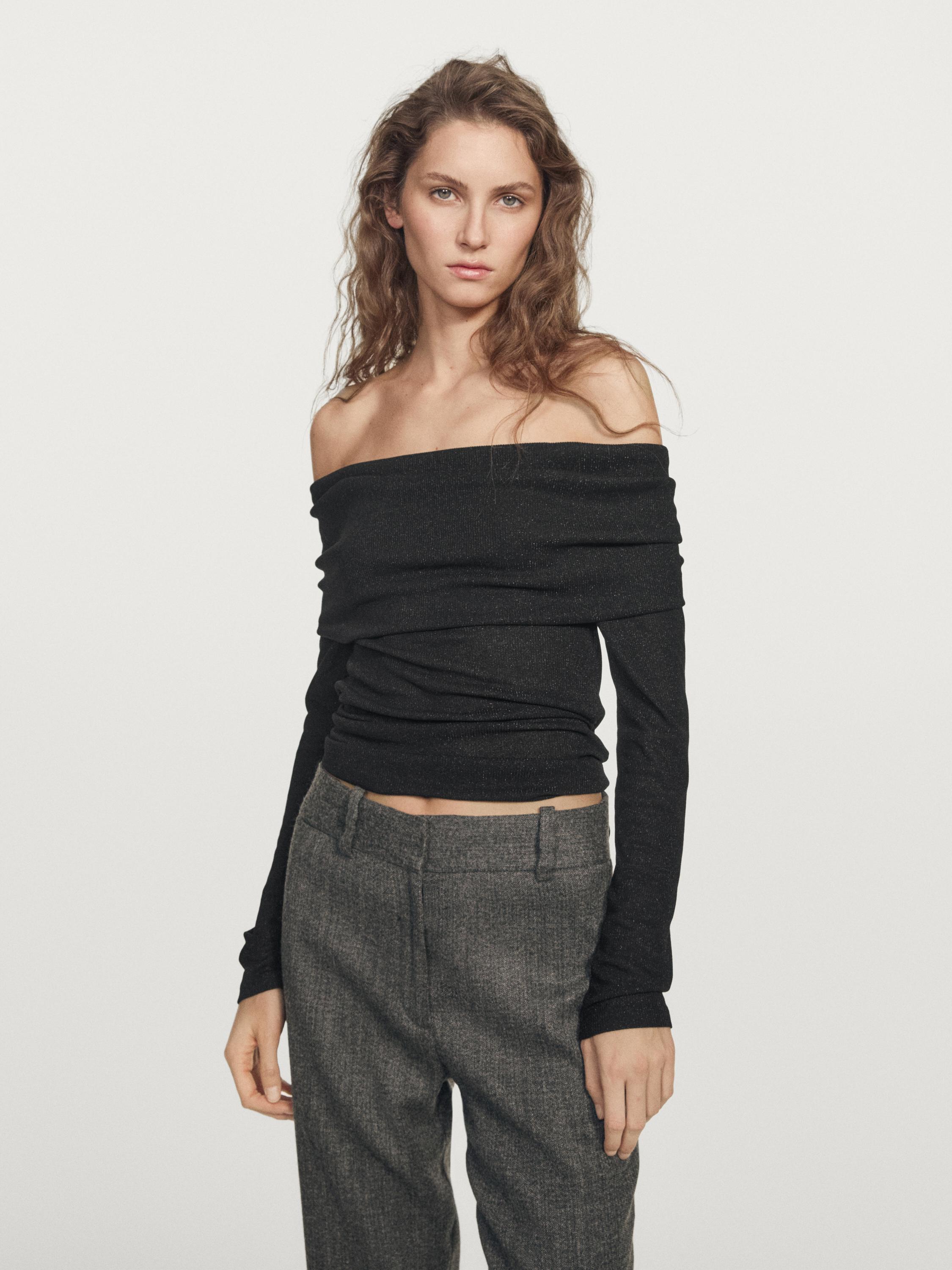 Long-sleeved ribbed T-shirt with metallic finish