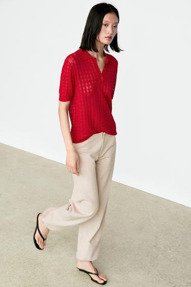 Polo en maille ajourée - Rouge de Zara