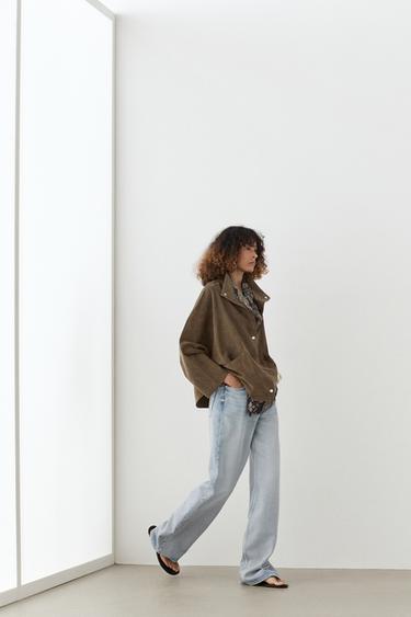 Zara Suede leather high neck jacket - Khaki