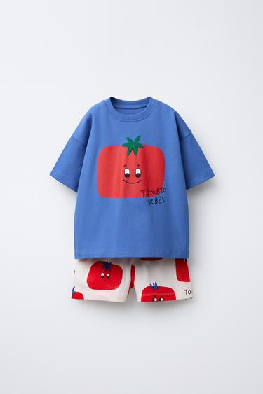 Zara TOMATO PRINT JOGGING T-SHIRT AND BERMUDA SET - Blue - Image 0