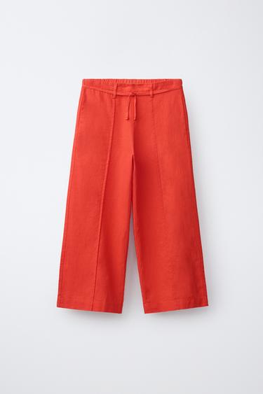 Zara LINEN DRAWSTRING STRAIGHT PANTS - Red