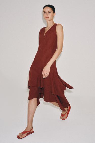 Zaras ASYMMETRISK RANDIG KLÄNNING ZW COLLECTION - mörk tegelfärg