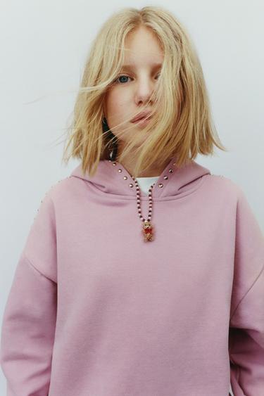 Zara STUDDED HOODIE SWEATSHIRT - Pink