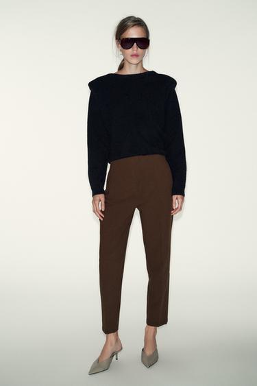 Zara SHOULDER PAD V-NECK BACK KNIT JUMPER - Black