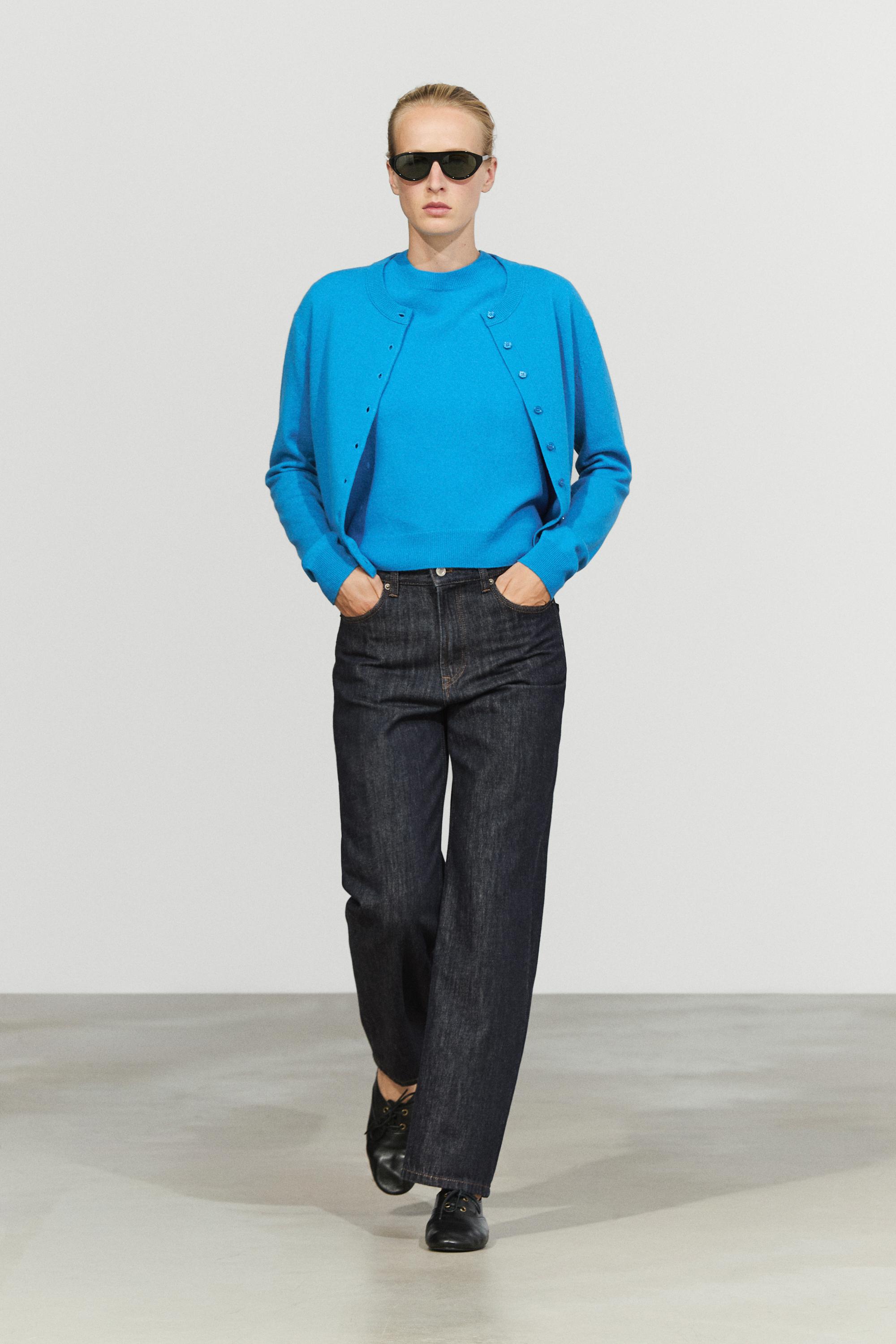 Wool blend short-sleeve knit sweater — Turquoise