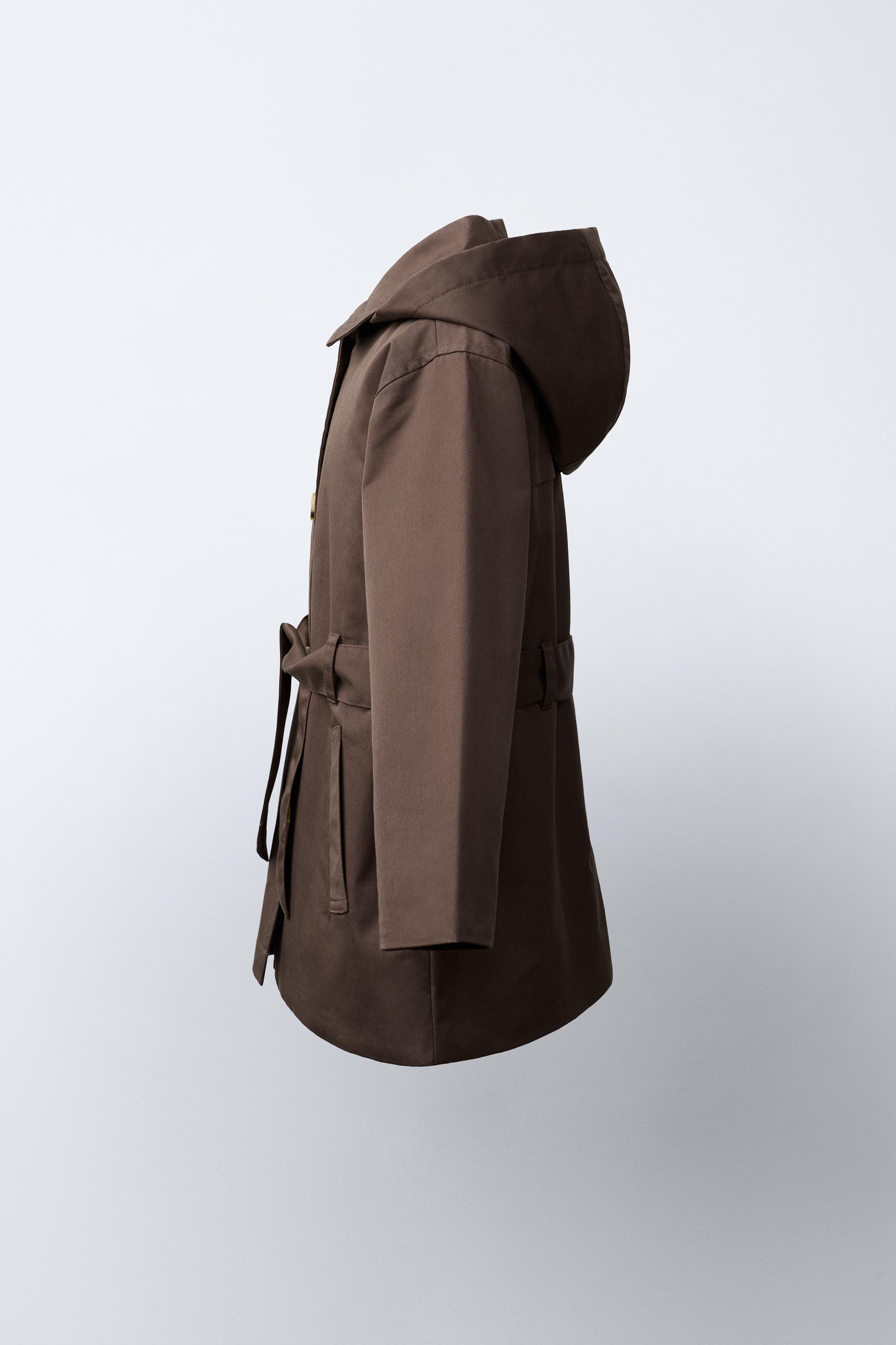 HOODED PLAID-LINED TRENCH COAT