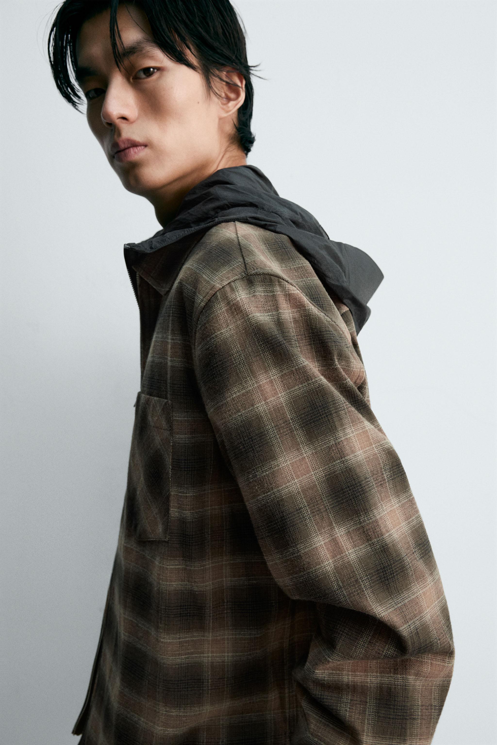 ジップアップチェック柄シャツジャケット - ブラウン | ZARA