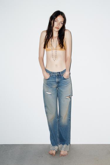 JEANS TRF WIDE LEG ROTOS ENCAJE - Azul de Zara