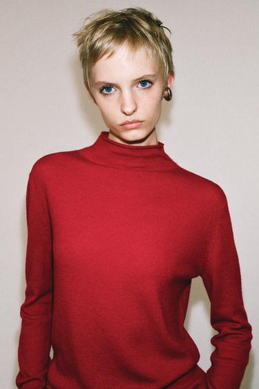 EXTRA-SOFT 100% WOOL MOCK NECK SWEATER — Mid-red 1