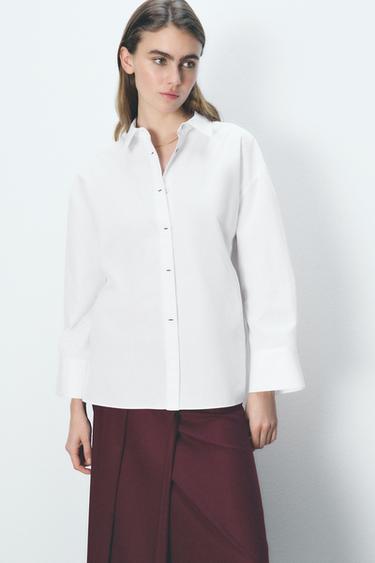 Zara CONTRAST OVERSIZED POPLIN SHIRT - White