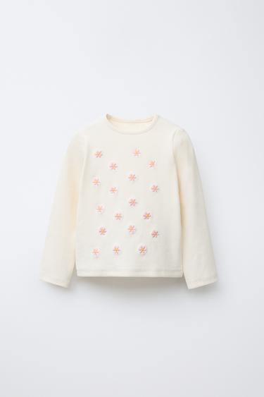 Zara EMBROIDERED FLOWER RIBBED T-SHIRT - Ecru