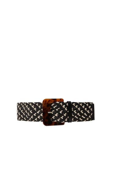 Front view of a black and white braided belt with a speckled brown buckle.