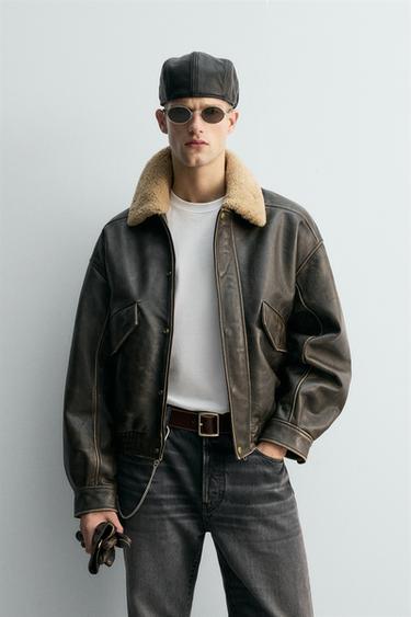 LIMITED EDITION LEATHER JACKET WITH CONTRAST COLLAR - Dark grey by Zara