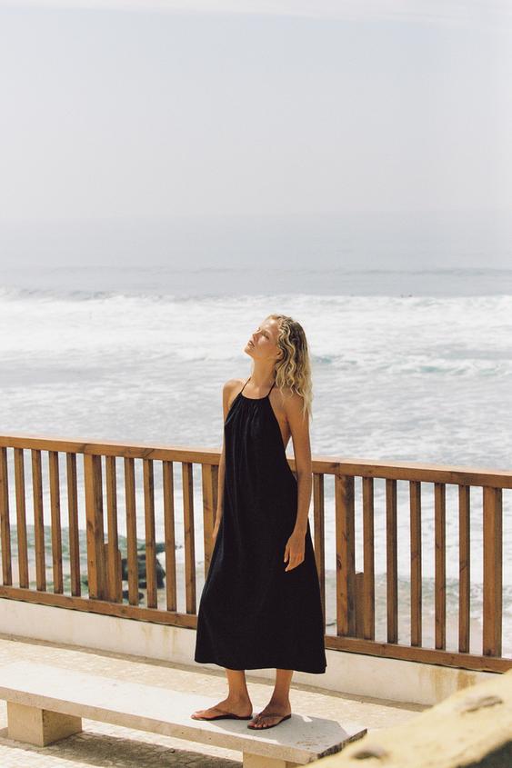 Zara FLOWY HALTER DRESS - Black - Image 0