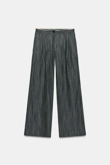 Zara ZW COLLECTION STRIPED LINEN TROUSERS - Blue gray
