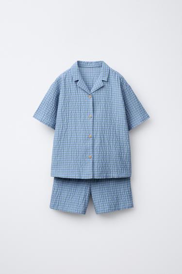 3-6 سنوات/ بيجامة قميص وبرمودا بمربعات - أزرق الخاص بـ Zara