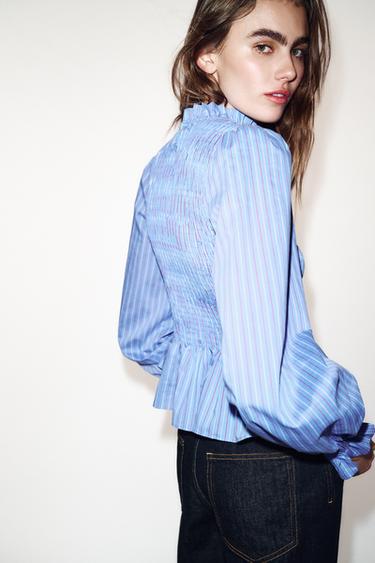 STRIPED SMOCKED SHIRT - Ecru / Red by Zara - Image 4