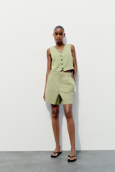 HIGH-WAIST PLEATED BERMUDA SHORTS - Light green by Zara