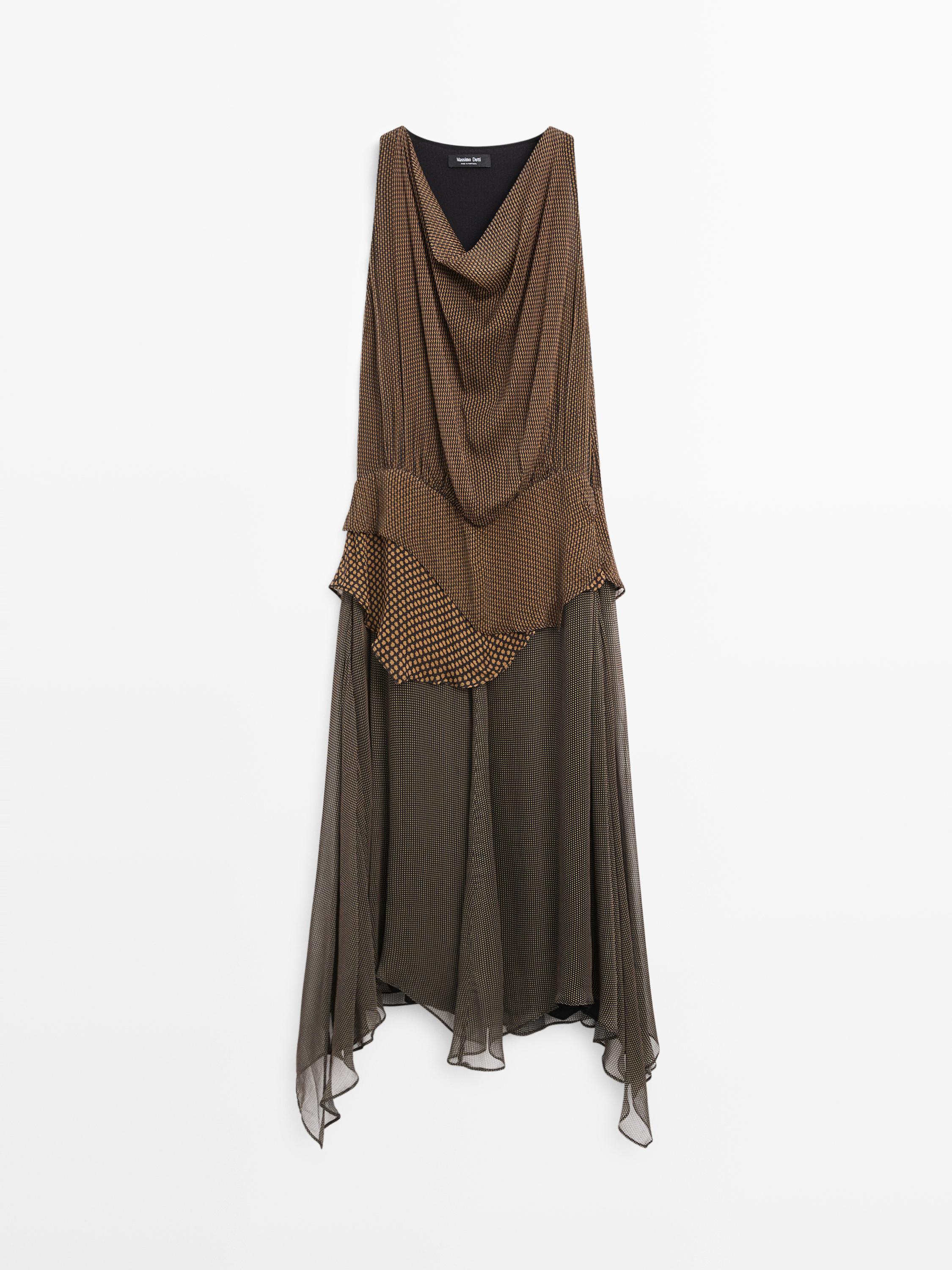 Flowing layered dress with ruffles — Light brown