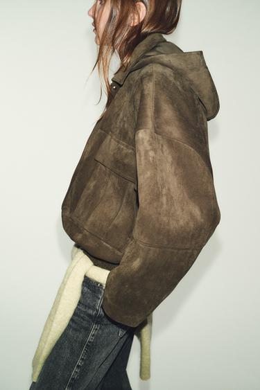 OVERSIZE FAUX SUEDE BOMBER JACKET WITH HOODIE - Khaki by Zara