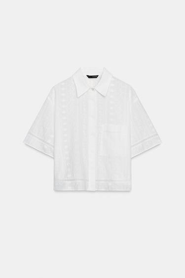 Zara EMBROIDERED SHORT SLEEVE SHIRT - White