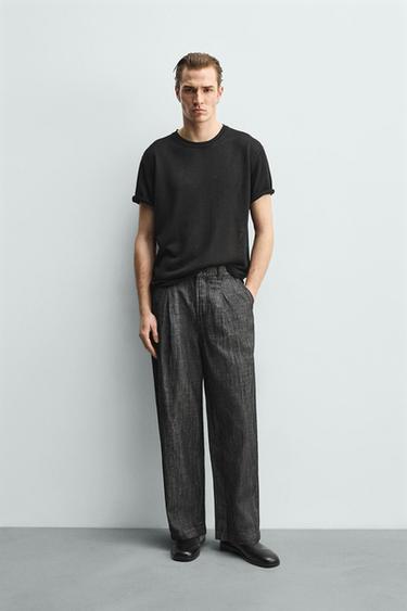RELAXED FIT COTTON-LINEN TROUSERS - Black / White by Zara