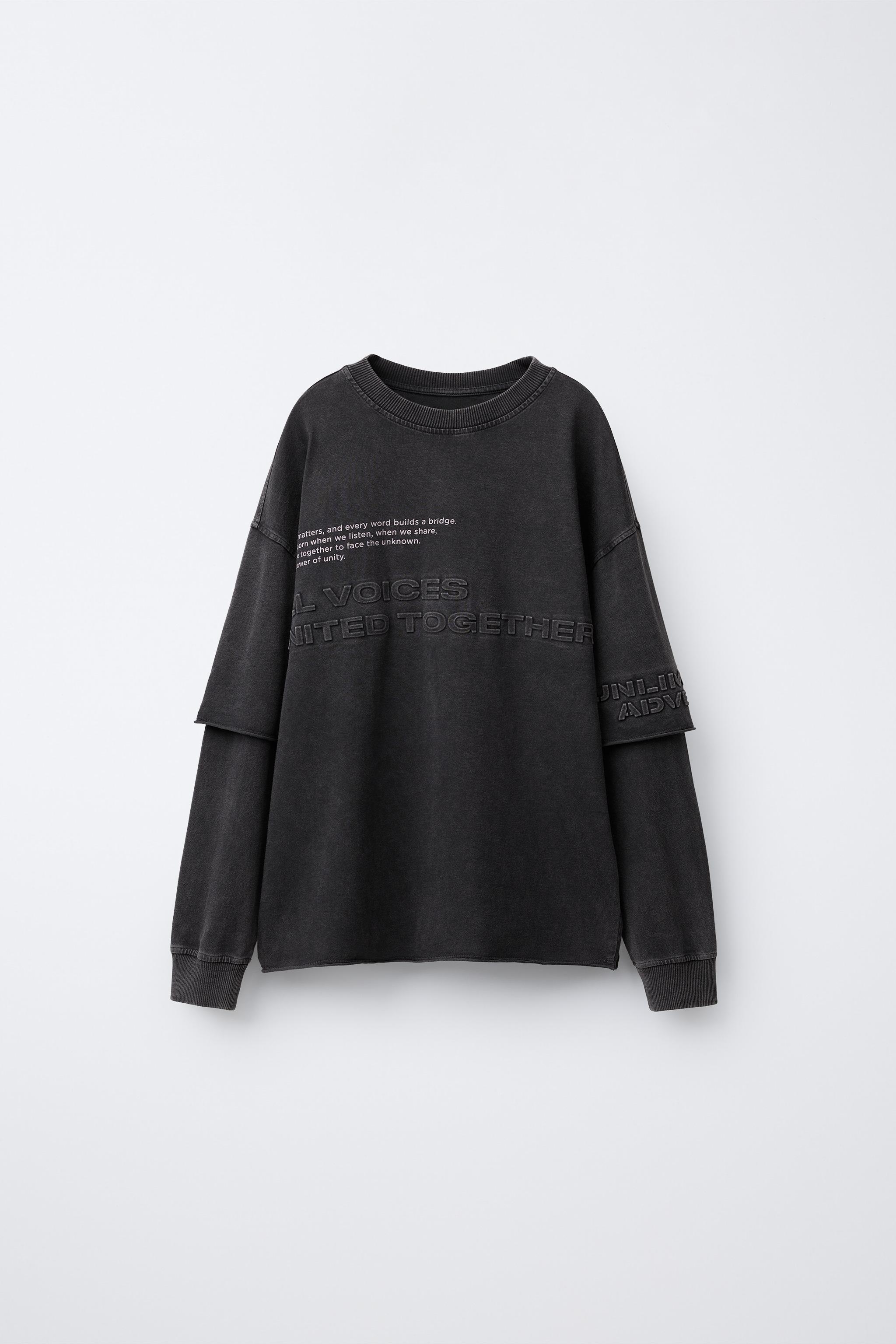 FADED-EFFECT T-SHIRT WITH DOUBLE SLEEVES AND RAISED SLOGAN