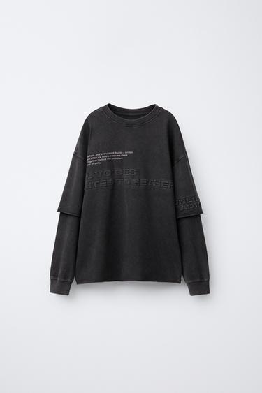 Zara WASHED EFFECT DOUBLE SLEEVE RAISED TEXT T-SHIRT - Anthracite grey