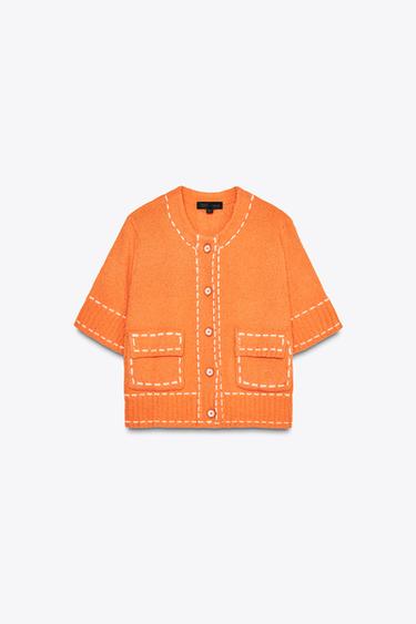 ステッチニットジャケットオレンジ色Zaraのステッチニットジャケット - オレンジ色 