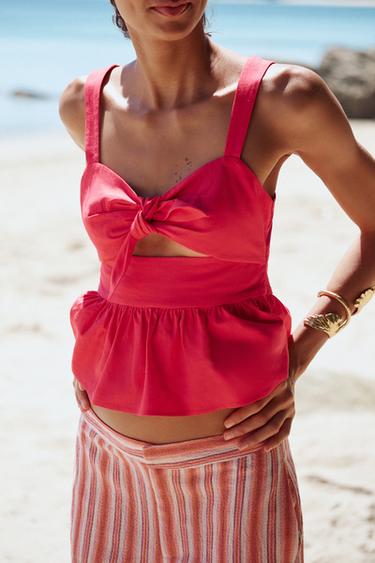 TOP PÉPLUM NŒUD AVEC LIN - Rose moyen de Zara - Image 1