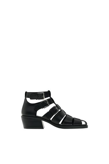 HEELED LEATHER CAGE SANDALS WITH BUCKLES