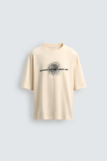RELAXED FIT T-SHIRT WITH CONTRAST SLOGAN - Oyster-white by Zara