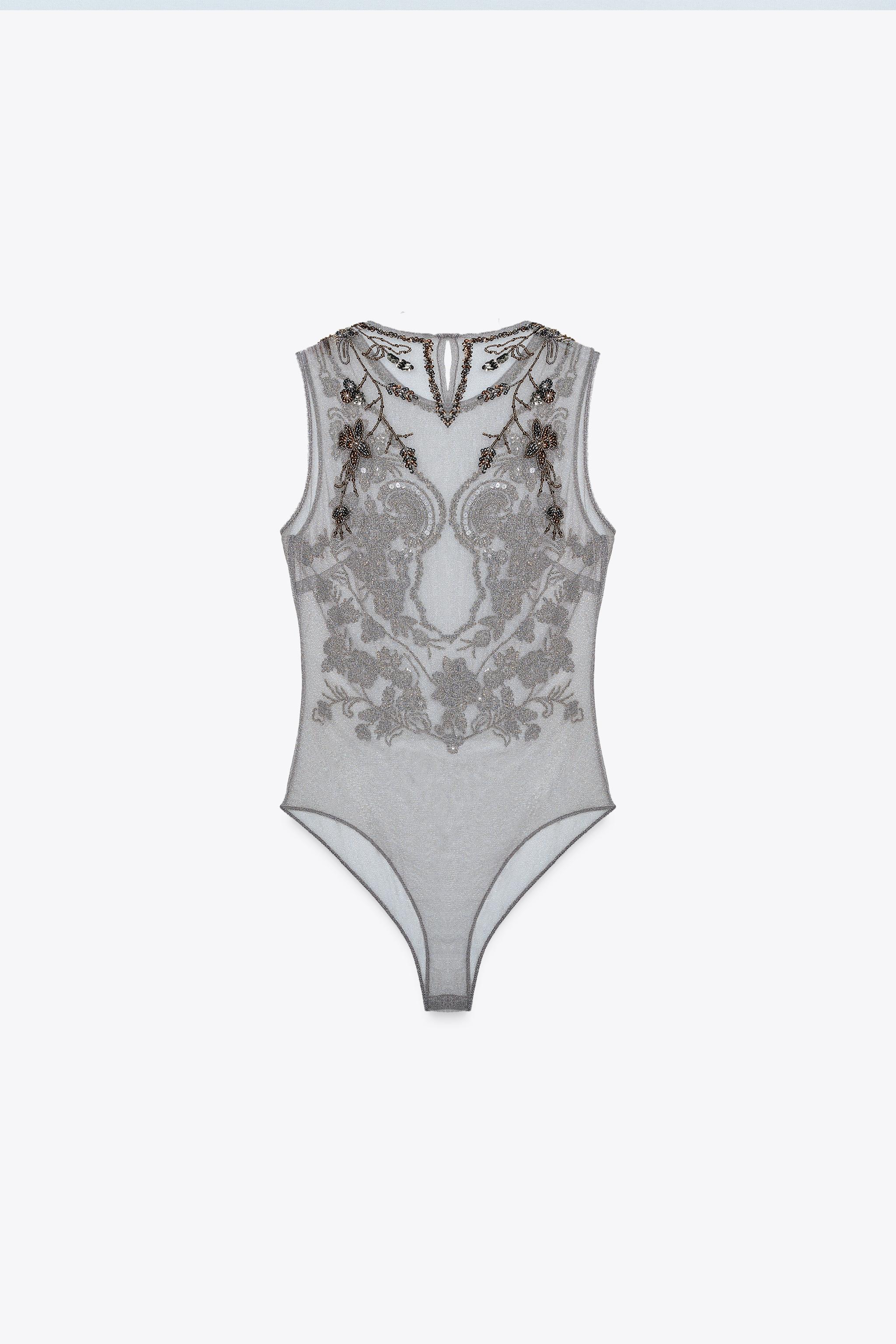 ZW COLLECTION EMBROIDERED BODYSUIT - Silver | ZARA United States