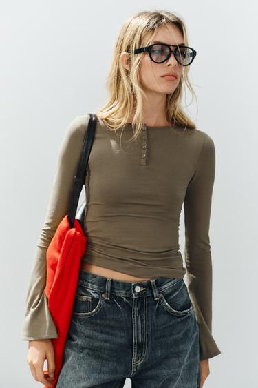 T-SHIRT À COL TUNISIEN - Marron / Taupe de Zara
