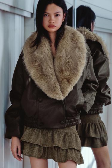 FAUX LEATHER JACKET WITH DETACHABLE COLLAR - Dark brown by Zara