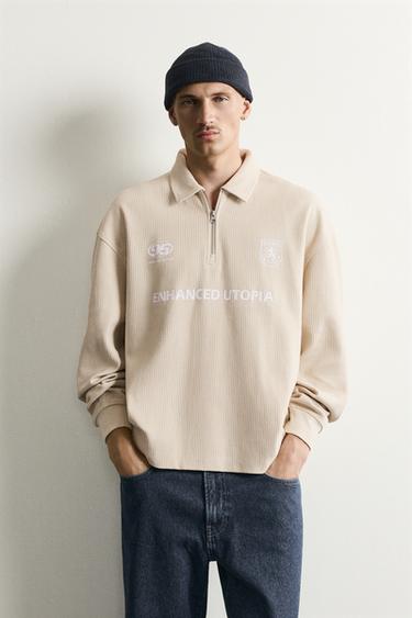 Zara RELAXED FIT PRINTED RIBBED POLO - Ecru