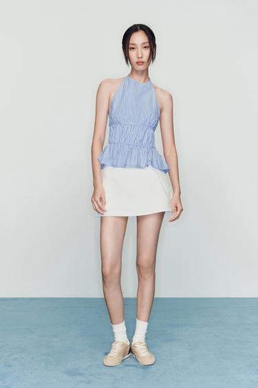 Zara 條紋府綢繞頸吊帶上衣 - 藍色 - 圖片 0
