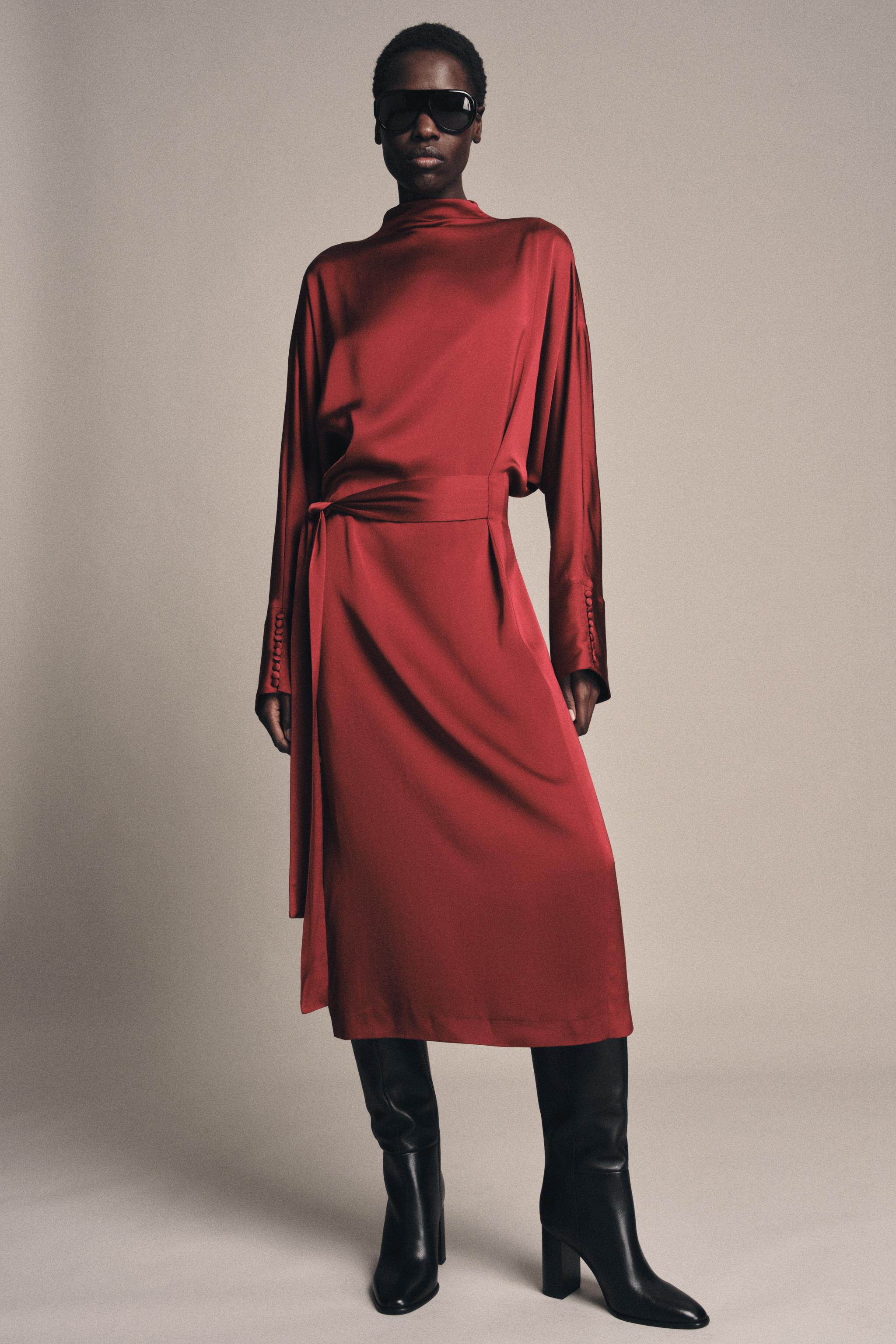 SATIN EFFECT TIED DRESS ZW COLLECTION - Wine | ZARA United States
