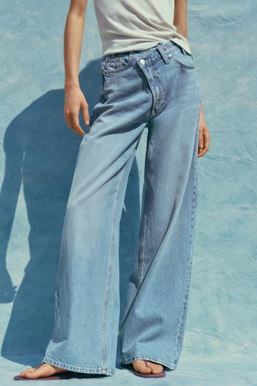 JEANS TRF WIDE LEG بخصر متصالب وسرج عالٍ - نيلي الخاص بـ Zara