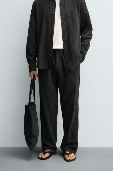 Zara FLOWY COTTON - LINEN PANTS - Charcoal