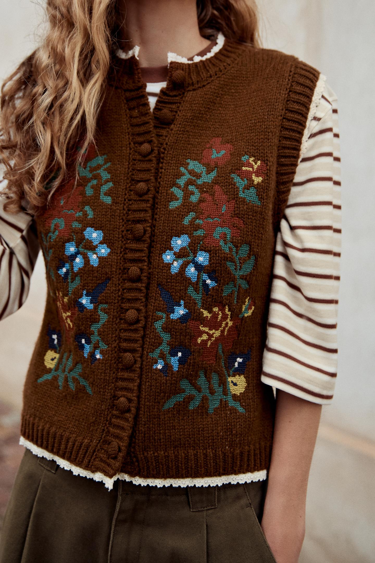 Женский жилет Zara Floral Jacquard Knit Vest, цвет: Коричневый — фото 3