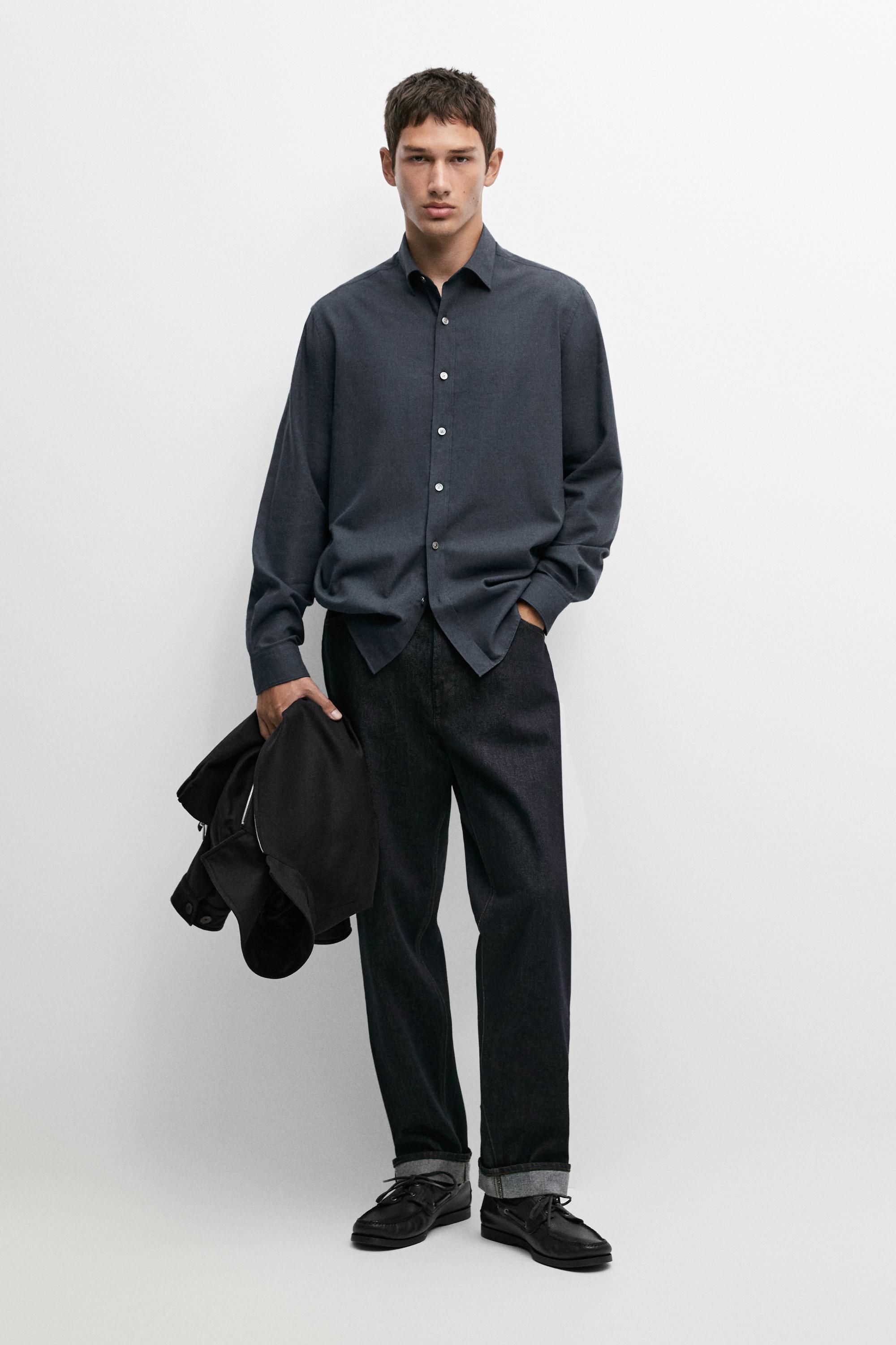 100% cotton melange twill regular fit shirt — Navy blue