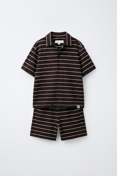 STRIPED WAFFLE-KNIT SHIRT AND BERMUDA SHORTS SET - Brown by Zara