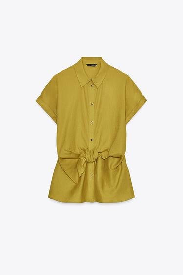 CAMISA NUDO CON LINO - Mostaza de Zara