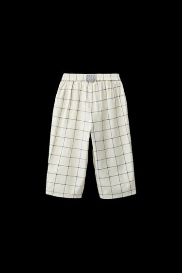 BAGGYHOSE MIT KAROMUSTER AUS BAUMWOLLE UND LEINEN - Cremefarben von Zara